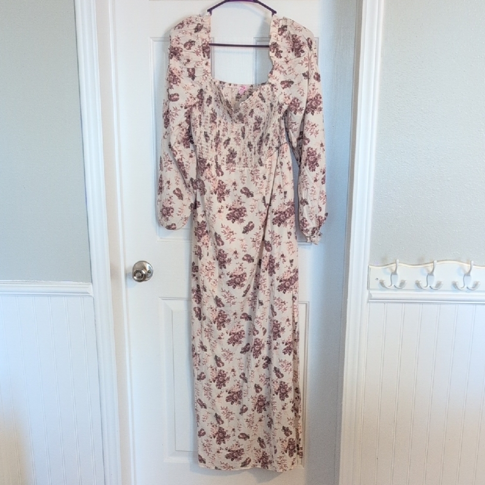 Pink Lily Cream and Red Floral Long Sleeve Dress